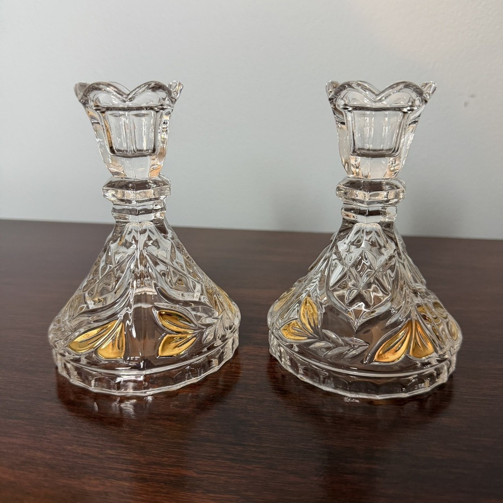 Lead Crystal Candlestick Holder Vintage 24% Gold Anna Hutte Bleikristall Germany